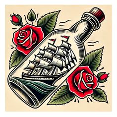 a ship in a bottle with roses and leaves on the bottom, as if it were an old school tattoo