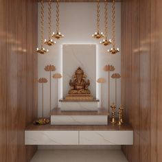 a white and gold room with a buddha statue in the center surrounded by golden chandeliers