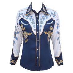 Go West , young woman! And be sure to take your best western wear with you especially if it is by the iconic American brand, H Bar C. This contemporary version of the Charleston shirt offers a great combination of classic western styling in a feminine silhouette. The blue and white background is embellished with golden yellow and blue chain stitching accented by pave rhinestones. It closes at the front and cuffs with pearl snaps and sports faux breast pockets. H Bar C has a long history with Hollywood often providing costuming for classic western stars including John Wayne, Gene Autry and Roy Rogers ... this blouse has a similar provenance! It is from the wardrobe assets of the Fox network production, Monarch, starring Susan Sarandon with Trace Adkins and was worn by Ms. Sarandon in the ep Western Rodeo Shirts, Western Competition Shirts, Western Shirts For Women, Blue And White Background, Tassel Shirt, Denim Fits, Gene Autry, Vintage Western Wear, Western Star