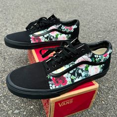 Whimsical Roses on black/black Vans Old Skool Sneakers.We buy each pair of blank shoes BRAND NEW from the Vans retail store. Each pair is made to order, please make sure you put in the correct shoe size before you check out. The ink is permanent and will never come off. Made in the USA. This price includes everything: shoes, artwork, and shipping. Sizes listed are in US sizing scale. If you have any issues with your order, please feel free to reach out to us and we will be more than glad to help you!Note: Blvd Custom is in no way affiliated with any of the shoe brands or companies that are featured on our website. Each pair of shoes is ordered lawfully bought at retail price. Shoes Artwork, Custom Vans Shoes, Halloween Shoes, Nike Converse, Vans Shoe, Black Vans, Men's Vans, Custom Vans, Shoes Brand