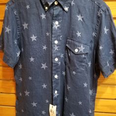 Size S. Brand New Never Worn Casual Navy Summer Shirt, Navy Button-up Casual Shirt, Navy Casual Button-up Tops, Casual Navy Button-up Shirt, Navy Casual Shirt With Button Closure, Casual Navy Shirt With Button Closure, Summer Shirt With Snap Buttons And Collar, Summer Button-up Shirt With Buttoned Pockets, Summer Collared Shirt With Snap Buttons