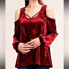 Beautiful Velvet Cold Shoulder Top. Deep Red In Color. Multiple Sizes Glamorous Red Blouse, Glamorous Red Long Sleeve Top, Trendy Red Winter Blouse, Red Winter Blouse For Party, Red Winter Party Blouse, Womens Boho Tops, Chevron Blouse, Bohemian Tunics, Turquoise Top