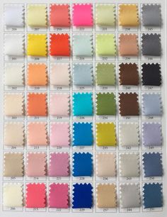 the color chart for different colors of fabrics and fabric swatches, with each one being colored