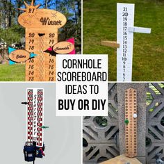 several different pictures with the words cornhole scoreboard ideas to buy or diy