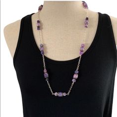 Purple Square And Round Quartz Necklace. Approx 26”.Long. Slips Over Your Head Easy. Handmade. A 10 Silver Single Strand Amethyst Necklace, Silver Amethyst Single Strand Necklace, Silver Amethyst Necklace With Single Strand, Silver Chain Necklaces With Round Beads For Jewelry Making, Silver Chain Necklace With Round Beads For Jewelry Making, Purple Beaded Chain Necklace, Silver Long Necklace With Single Strand Round Beads, Amethyst Beaded Chain For Jewelry Making, Sterling Silver Beaded Purple Necklace