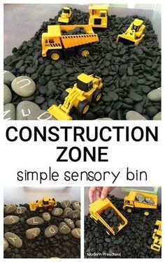 the construction zone is made out of rocks and black stones with yellow trucks on them