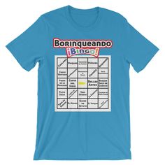 Get know Puerto Rico and its many marvels with this fun Tshirt. Try to complete a line or the whole board and it will take you all around the beautiful island in the Caribbean. There is so much to explore in Borinquén! A great gift for Puerto Rican's who live in the island and those who visit. Travel, have fun and compete with your friends and family to see who gets Bingo first. Use a permanent marker to check off the places you visit and take your picture wearing the shirt at each stop. You wil Fan Apparel T-shirt With Funny Text, Fan Apparel Short Sleeve T-shirt With Funny Text, Funny Text Fan Apparel Short Sleeve T-shirt, Funny Text Short Sleeve Fan Apparel T-shirt, Short Sleeve Tops With Letter Print For Fan Conventions, Letter Print Short Sleeve Tops For Fan Conventions, Puerto Rican Food, Rican Food, Puerto Rican Recipes