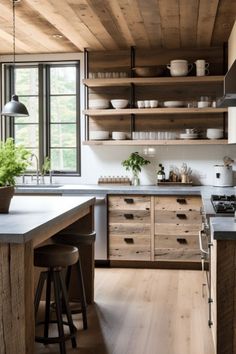 a kitchen with wooden cabinets and counter tops