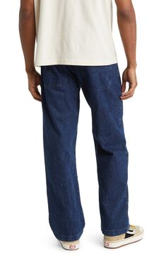 Inspired by workwear styles, these nonstretch jeans rock reinforced, double-layer knees and a loose fit for laid-back comfort. 19" leg opening; 11 1/2" front rise; 15 1/2" back rise (size 32x32) 100% cotton Machine wash, tumble dry Imported Workwear Fashion, Jeans Rock, Indigo Blue, Straight Leg Jeans, Double Layer, Leg Jeans, Work Wear, Straight Leg, Loose Fitting