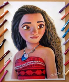 a drawing of a girl with many crayons around her