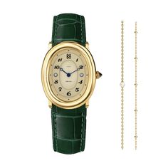 This vintage-inspired timepiece features a creamy latte dial with graceful numerals, mysterious deep blue hands, and an elegant textured strap. The golden steel case beautifully complements the deep green strap, showcasing timeless elegance that withstands the test of time. Case: 24mm steel case with polished and satin finish. Movement: Swiss Ronda 762 Waterproofness: Water-resistant up to 3 bar (approx. 30 meters/100 feet). Crystal: Scratch resistant sapphire crystal. Bracelet: interchangeable Watch Green, Dope Jewelry Accessories, Timeless Watches, Womens Bracelet, Green Watch, Vintage Watches Women, Green Accessories, Watch Gift, Hand Watch