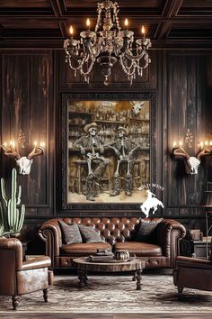 a living room filled with furniture and a chandelier