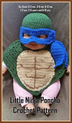 a little ninja poncho crochet pattern for a baby doll with a turtle on his chest