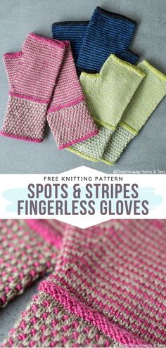 knitted fingerless gloves with text that reads free knitting pattern spots and stripes fingerless gloves