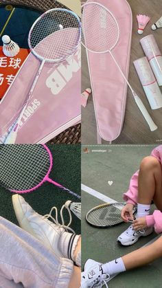 a collage of photos with tennis rackets and other items on the ground next to each other