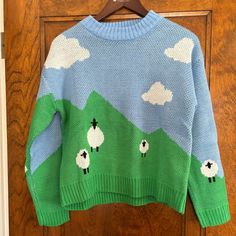 Adorable, Never Worn! Runs Slightly Cropped, Vivid And Bright Colors. Landscape Sweater, Sheep Landscape, Colorful Outfit, Forever 21 Sweater, Colourful Outfits, Colorful Sweaters, Bright Colors, Sheep, Scoop Neck