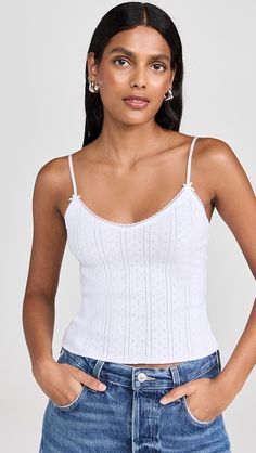 COUCOU The Long Cami | Shopbop Spring Knit Camisole, Fitted Pointelle Knit Camisole, Fitted Pointelle Knit Tops For Daywear, Spring Pointelle Knit Cami Top, Spring Pointelle Knit Camisole, Casual Cotton Camisole With Lace Trim, Casual Pointelle Knit Cami Top, Casual Spring Camisole With Delicate Lace, Fitted Cotton Pointelle Knit Tank Top