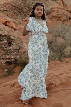 Verona Smocked Maxi Dress | White + Blue Print Blue Flowy Dress, Cozy Winter Fashion, Smocked Maxi Dress, Floral Bridesmaid Dresses, Maxi Dress White, Destination Dress, Baltic Born, Flowy Sleeves, Sequin Maxi Dress