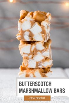 butterscotch marshmallow bars stacked on top of each other with text overlay