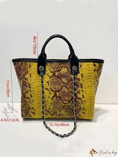 Bird in Bag - Genuine Leather Block Snake Print Tote Bag Luxury Large Capacity Yellow Bags, Luxury Yellow Satchel With Large Capacity, Luxury Large Capacity Yellow Satchel, Chic Box Bag For Errands, Luxury Large Capacity Yellow Shoulder Bag, Yellow Shopping Bag With Detachable Handle, Faux Leather Tote Bag For Errands, Chic Yellow Bag With Double Handle, Trendy Yellow Leather Box Bag