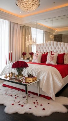 White Fur Rug, Gold Candlesticks, Gold Sconces, Red Sheets, Mirrored Tray, Romantic Ambiance, Hardwood Floors Dark, Dark Hardwood, Gold Candle Sticks