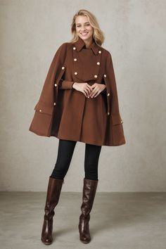 ★★ Welcome to my Ylistyle's shop！！！ Brown cape wool coat, Wear it in autumn and winter to keep you warm and comfortable. It's a good fashion item. This cape coat can well show your elegant temperament and taste. ★★FEATURES 50% wool, 50% fiber nylon polyester Polyester lining Two side pockets Front buttons closure Button decoration Peacoat Cape wool coat Autumn winter wool coat Dry clean ★★More color from Color1 of Wool fabric swatch https://etsy.me/37PMzfD  ★★ The model's height approx 170 cm (5 Long Sleeve Wool Cape For Fall, Fall Workwear Cape With Button Closure, Oversized Wool Cape Coat For Fall, Cape-style Buttoned Outerwear For Work, Elegant Fall Cape For Cold Weather, Fall Wool Cape Coat For Work, Fall Cape For Workwear, Chic Fall Cape Outerwear, Long Sleeve Cape With Buttons For Fall