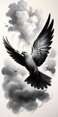 a black and white drawing of a bird flying through the air with clouds in the background