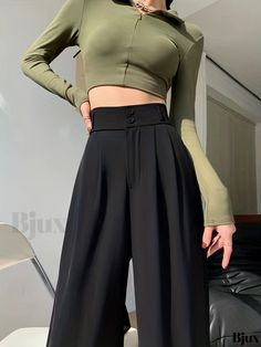 Bjux - Womens High-Waist Suit Trousers: Versatile Solid Casual Pants for Everyday Wear Casual Stretch Bottoms For Office, Green Full Length Bottoms For Office, Office Bottoms Long Pants, Office Wear Long Pants, Stretch High Waist Wide Leg Office Pants, High Waist Versatile Bottoms For Office, Versatile High Waist Office Bottoms, Versatile High-waist Office Bottoms, Green Full-length Bottoms For Office