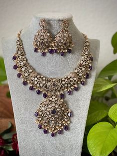 Grand Victorian Diamond Necklace / Pakistani Jewelry / Antique  Kundan Necklace / Sabyasachi inspired necklace and earrings Ornate Purple Jewelry With Matching Earrings, Elegant Purple Jewelry For Diwali, Traditional Handmade Purple Necklaces, Purple Necklaces With Intricate Design For Wedding, Elegant Purple Necklace For Celebration, Purple Wedding Necklace With Intricate Design, Purple Wedding Necklaces With Intricate Design, Traditional Chandbali Bridal Necklace With Matching Earrings, Traditional Kundan Purple Earrings