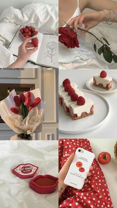 there are pictures of different cakes and flowers on the table, including one with strawberries