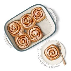 cinnamon rolls in a baking pan with a plate and fork next to it on a white surface