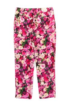 Rock some flower power to your next big meeting with these bright and bubbly trousers from Kate Spade! The classic tapered pant is given a vibrant makeover with a fresh floral print design. Perfect for bringing some springtime style to the office. Pair with a colorful blazer and ruffled blouse to complete your bold boss lady look. Size 00 54% Cotton, 46% Silk Concealed front zipper w/ clasp at waist Unlined Tapered silhouette Open pockets on front of waist Faux pockets on back of waist Floral pr Trendy Floral Print Pants, Trendy Floral Print Straight Pants, Trendy Straight Pants With Floral Print, Trendy Floral Print Ankle-length Bottoms, Trendy Floral Print Ankle-length Pants, Trendy Ankle-length Floral Print Bottoms, Chic Rose Print Bottoms For Spring, Chic Spring Bottoms With Rose Print, Spring Pink Floral Print Pants