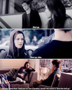 two different scenes from the twilight saga, one with a woman sitting on a couch