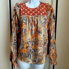 This Is A Gorgeous Lightweight Top From Thml. Size Small Bohemian Orange Printed Blouse, Casual Orange Printed Blouse, Orange Long Sleeve Top With Boho Print, Orange Long Sleeve Bohemian Blouse, Fall Vacation Blouse With Vibrant Print, Bohemian Blouse With Vibrant Fall Print, Spring Orange Tops With Colorful Pattern, Orange Printed Long Sleeve Blouse, Bohemian Orange Tops With Vibrant Print