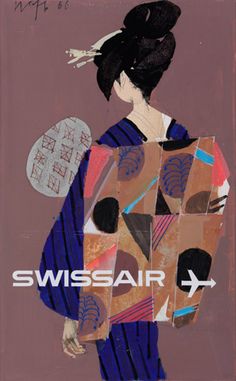 a painting of a woman in a kimono with the words swissair on it