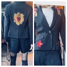 Embellished single button black fitted blazer with a red and gold heart on the back and red and gold tassel stars on the shoulders size 10 Fitted Jacket, Fitted Blazer, Heart On, Workout Jacket, Gold Heart, Red And Gold, Black Fits, Heart Of Gold, Varsity Jacket