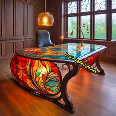 a glass table with an artistic design on it in front of a window and wooden floor