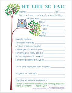 a printable poem with an owl sitting on a tree and the words, my life so far