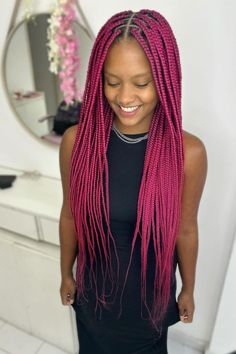 Pink Box Braids Black Women: Flaunt vibrant pink box braids hairstyles, bold hot pink braids hairstyles, and fun hot pink braids for black women……….hairstyle ideas for thick braids, thick braids ideas, thick braids black women, thick braids for black women Braids Thick, Pink Box Braids, Thick Braids, Pink Braids, Braids Black, Braids Ideas, Thick Braid, Braids For Black Women, Pink Box