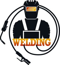 welder logo with welding equipment and the word welding in orange letters on a white background