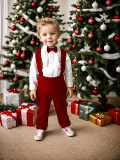 ✿ABOUT THIS SUİT ✓This set includes a long-sleeve white cotton shirt, a red silk alpaca suspenders pants, a silk alpaca vest, and a bow tie. ✓The trousers have an elastic back and adjustable trouser hanger for a comfortable and stylish fit.  ✓The elegant page boy look is perfect for any special occasion, ensuring your little one looks picture-perfect. ✓With this set, you can create a sibling combo if you want, you can reach from the link below the product details for our red Christmas dress for Toddler Boy Christmas Outfits, Suspenders Pants, Long Sleeve White Shirt, Red Suspenders, Xmas Outfit, Boys Christmas Outfits, Red Christmas Dress, White Cotton Shirt, Sibling Outfits