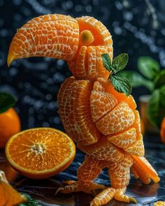 an orange bird made out of fruit sitting on top of a table next to sliced oranges