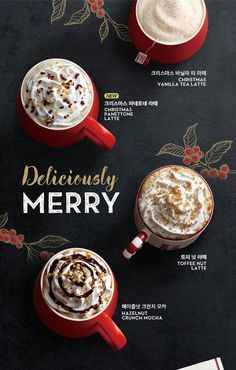 three cups of hot chocolate with whipped cream and toppings on the top, surrounded by holly leaves