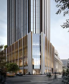 an architectural rendering of a tall building with gold and white stripes on the side,