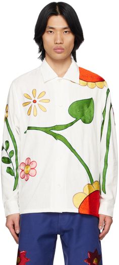 Sky High Farm Workwear - White Flower Shirt White Shirt With Floral Embroidery And Spread Collar, White Cotton Shirt With Embroidered Cuffs, Multicolor Embroidered Cotton Shirt For Spring, Spring Shirt With Embroidered Spread Collar, Spring Shirt With Embroidery And Spread Collar, Embroidered Shirt With Spread Collar For Spring, Spring Embroidered Shirt With Spread Collar, Spring Embroidered Spread Collar Tops, Spring Embroidered Tops With Spread Collar