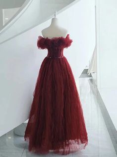 Wine Red Tulle Sequins Long Off Shoulder Party Dress Elegant Christmas Tulle Dress, Fitted Tulle Christmas Dress, Red Christmas Dress For Banquet, Red Christmas Banquet Dress, Red Tulle Evening Dress For Party, Formal Red Tulle Dress, Elegant Red Tulle Evening Dress, Red Tulle Formal Dress, Elegant Red Tulle Gown