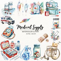 watercolor medical supplies clipart set with hand drawn items and text on white background