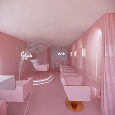 a room with pink walls and furniture in the center is lit by lights that are hanging from the ceiling