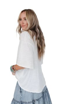 Meet your new go-to tee! With its soft slub fabric and relaxed fit, this shirt is perfect for everyday wear. Great for layering or wearing solo, it’s a versatile staple in any wardrobe. Style with our Culpo Cuffed Wide Jeans & Paisley Jacket Shop more Basics White Lightweight Slub knit Oversized Relaxed fit Crew neckline Short sleeves 50% cotton, 50% modal Still not sure which size to get? Ask one of our stylists! Please give us a call at 856-452-5821 during our regular business hours. White Jumpsuit Dress, Paisley Jacket, Wide Jeans, Denim Leggings, Wardrobe Style, Short Rompers, Hair Accessories Headbands, Bottoms Pants, Short Sets