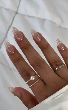 Almond Nails Wedding Classy, Nails Design With Pearls, Birthday Nails Pearls, Pearl Art Nails, Chrome French Tip Nails With Pearls, Wedding Nails With Pearls Brides, Prom Nail Inspo Elegant, Basic Baddie Nails Almond